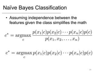 Naïve Bayes Classification
• Assuming independence between the
features given the class simplifies the math
20
 