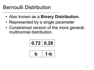 Bernoulli Distribution
• Also known as a Binary Distribution.
• Represented by a single parameter
• Constrained version of the more general,
multinomial distribution
22
0.72 0.28
b 1-b
 