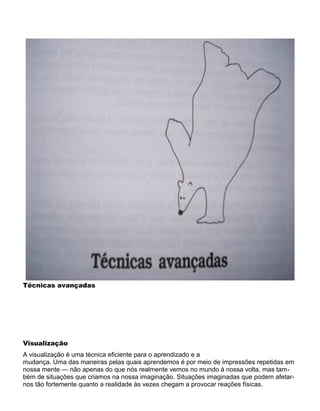 Técnicas avançadas
Visualização
A visualização é uma técnica eficiente para o aprendizado e a
mudança. Uma das maneiras pelas quais aprendemos é por meio de impressões repetidas em
nossa mente — não apenas do que nós realmente vemos no mundo à nossa volta, mas tam-
bém de situações que criamos na nossa imaginação. Situações imaginadas que podem afetar-
nos tão fortemente quanto a realidade às vezes chegam a provocar reações físicas.
 
