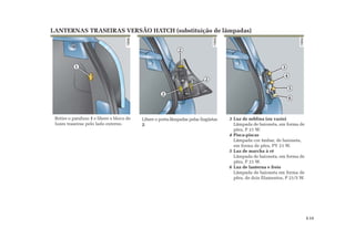 1
2
2
2
3
4
5
6
LANTERNAS TRASEIRAS VERSÃO HATCH (substituição de lâmpadas)
3 Luz de neblina (ou vazio)
Lâmpada de baioneta, em forma de
pêra, P 21 W.
4 Pisca-piscas
Lâmpada cor âmbar, de baioneta,
em forma de pêra, PY 21 W.
5 Luz de marcha à ré
Lâmpada de baioneta, em forma de
pêra, P 21 W.
6 Luz de lanterna e freio
Lâmpada de baioneta em forma de
pêra, de dois filamentos, P 21/5 W.
Libere o porta-lâmpadas pelas lingüetas
2.
Retire o parafuso 1 e libere o bloco de
luzes traseiras pelo lado externo.
5.15
 