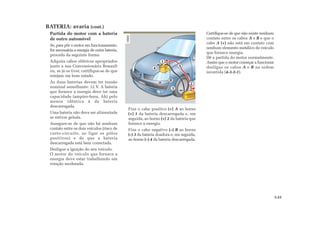 4
1
A
B
2
3
5.23
Partida do motor com a bateria
de outro automóvel
Se, para pôr o motor em funcionamento,
for necessária a energia de outra bateria,
proceda da seguinte forma:
Adquira cabos elétricos apropriados
junto a sua Concessionária Renault
ou, se já os tiver, certifique-se de que
estejam em bom estado.
As duas baterias devem ter tensão
nominal semelhante: 12 V. A bateria
que fornece a energia deve ter uma
capacidade (ampère-hora, Ah) pelo
menos idêntica à da bateria
descarregada.
Uma bateria não deve ser alimentada
se estiver gelada.
Assegure-se de que não há nenhum
contato entre os dois veículos (risco de
curto-circuito, ao ligar os pólos
positivos) e de que a bateria
descarregada está bem conectada.
Desligue a ignição do seu veículo.
O motor do veículo que fornece a
energia deve estar trabalhando em
rotação moderada.
Fixe o cabo positivo (+) A ao borne
(+) 1 da bateria descarregada e, em
seguida, ao borne (+) 2 da bateria que
fornece a energia.
Fixe o cabo negativo (–) B ao borne
(–) 3 da bateria doadora e, em seguida,
ao borne (–) 4 da bateria descarregada.
Certifique-se de que não existe nenhum
contato entre os cabos A e B e que o
cabo A (+) não está em contato com
nenhum elemento metálico do veículo
que fornece energia.
Dê a partida do motor normalmente.
Assim que o motor começar a funcionar
desligue os cabos A e B na ordem
invertida (4-3-2-1).
BATERIA: avaria (cont.)
 