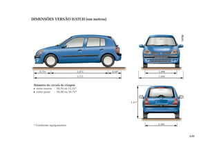 0,714 2,472
3,773
1,385
1,417
Diâmetro do círculo de viragem
entre muros : 10,70 ou 11,15*
entre guias : 10,30 ou 10,75*
* Conforme equipamento
6.05
DIMENSÕES VERSÃO HATCH (em metros)
0,587 1,406
1,940
 