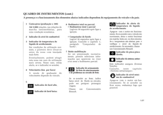 QUADRO DE INSTRUMENTOS (cont.)
A presença e o funcionamento dos elementos abaixo indicados dependem do equipamento do veículo e do país.
6 Hodômetro total ou parcial.
• Hodômetros total e parcial
Legíveis 30 segundos após ligar a
ignição.
• Computador de bordo
Legível 30 segundos após ligar a
ignição. Consulte o capítulo 1,
parágrafo "Computador de
bordo".
7 Botão multifunção
Ao ser pressionado sucessiva-
mente, permite selecionar infor-
mações que aparecem no visor
e/ou zerar o hodômetro parcial.
8 Indicador de acionamento
do freio de estacionamento
e de problemas no circuito de freio
Se se acender ao frear, indica
baixo nível de fluido no circuito;
pode ser perigoso prosseguir
viagem.
Chame um Concessionário
Renault.
1 Conta-giros (graduação x 100)
Até 3.000 rotações, nas relações de
marcha intermediárias, para
uma condução econômica.
2 Indicador do nível de combustível.
3 Indicador de temperatura do
líquido de arrefecimento
Em condições de utilização nor-
mais, o ponteiro deve situar-se
antes da zona com tracejado
mais forte.
Eventualmente, poderá atingir
esta zona em caso de utilização
mais severa. Nesse caso, esteja
alerta, se o indicador se acender.
4 Velocímetro (km por hora)
A escala de graduação do
velocímetro depende do veículo.
5
Indicador de farol alto.
Indicador de farol baixo.
Indicador de alerta da
temperatura do líquido
de arrefecimento
Apaga-se com o motor em funciona-
mento.Seseacendercomoveículoem
movimento, deixe o motor funcionar
emmarcha lentaum oudoisminutos.
Se a temperatura não abaixar, pare e
verifique o nível do líquido de
arrefecimento. Se necessário, chame
um Concessionário Renault.
Indicador do pisca-pisca
direito.
Indicador do sistema antiar-
ranque
Este indicador assegura diversas
funções.
Consulte, neste capítulo:
«Sistema antiarranque».
Indicador de nível míni-
mo de combustível
Apaga-se com o motor em fun-
cionamento. Se se acender ou
ficar aceso, reabasteça logo que
possível.
1.27
 
