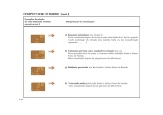 COMPUTADOR DE BORDO (cont.)
Exemplos de seleção
do visor mediante pressões Interpretação da visualização
sucessivas em 3
e) Consumo instantâneo (em km por l)
Valor visualizado depois de alcançar uma velocidade de 25 km/h e quando
existe aceleração do veículo (em marcha lenta ou em desaceleração
aparecerá _ _ _ . _ ).
f) Autonomia prevista com o combustível restante (em km)
Esta autonomia leva em conta o consumo médio realizado desde o último
Ponto de Partida.
Valor visualizado depois de um percurso de 400 metros.
g) Distância percorrida (em km) desde o último Ponto de Partida.
h) Velocidade média (em km/h) desde o último Ponto de Partida.
Valor visualizado depois de um percurso de 400 metros.
1.32
 