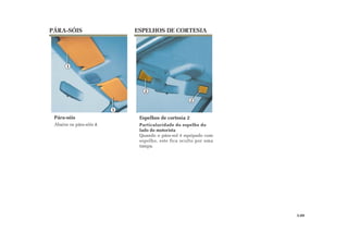 1
1
2
2
Pára-sóis
Abaixe os pára-sóis 1.
Espelhos de cortesia 2
Particularidade do espelho do
lado do motorista
Quando o pára-sol é equipado com
espelho, este fica oculto por uma
tampa.
PÁRA-SÓIS ESPELHOS DE CORTESIA
3.09
 