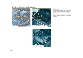 1.0 l - D7D
1
2 2
1
Enchimento
É feito pelo bocal de enchimento 1.
Abra a tampa e restabeleça o nível.
Verifique o nível com a vareta 2 .
Nunca deve ultrapassar a marca «máx.»;
não se esqueça de apertar novamente
a tampa.
NÍVEL DE ÓLEO DO MOTOR (cont.)
4.04
1.0 l 16V - D4D Kaizen Flex
2
1
1.6 l 16V - K4M Flex
 
