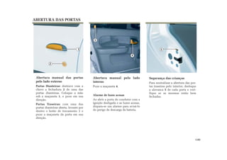 Segurança das crianças
Para neutralizar a abertura das por-
tas traseiras pelo interior, desloque
a alavanca 5 de cada porta e veri-
fique se as mesmas estão bem
fechadas.
ABERTURA DAS PORTAS
Abertura manual das portas
pelo lado externo
Portas Dianteiras: destrave com a
chave a fechadura 2 de uma das
portas dianteiras. Coloque a mão
sob a maçaneta 1, e puxe em sua
direção.
Portas Traseiras: com uma das
portas dianteiras aberta, levante por
dentro o botão de travamento 3 e
puxe a maçaneta da porta em sua
direção.
Abertura manual pelo lado
interno
Puxe a maçaneta 4.
Alarme de luzes acesas
Ao abrir a porta do condutor com a
ignição desligada e as luzes acesas,
dispara-se um alarme para avisá-lo
do perigo de descarga da bateria.
1.03
1
2
3
4
5
 