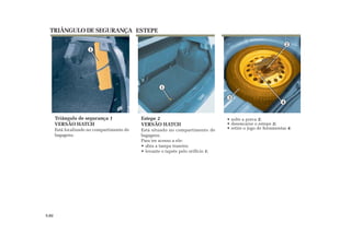 1
1
2
3
4
• solte a porca 2;
• desencaixe o estepe 3;
• retire o jogo de ferramentas 4.
Estepe 2
VERSÃO HATCH
Está situado no compartimento de
bagagens.
Para ter acesso a ele:
• abra a tampa traseira;
• levante o tapete pelo orifício 1;
ESTEPETRIÂNGULO DE SEGURANÇA
Triângulo de segurança 1
VERSÃO HATCH
Está localizado no compartimento de
bagagens.
5.02
 