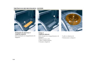 1
1 2 2
3
• solte os elásticos 2;
• desencaixe o estepe 3.
Estepe 2
VERSÃO SEDAN
Está situado no compartimento de
bagagens.
Para ter acesso a ele:
• abra a tampa traseira;
• levante o tapete 1;
ESTEPETRIÂNGULO DE SEGURANÇA
Triângulo de segurança 1
VERSÃO SEDAN
Está localizado no compartimento de
bagagens.
5.04
 