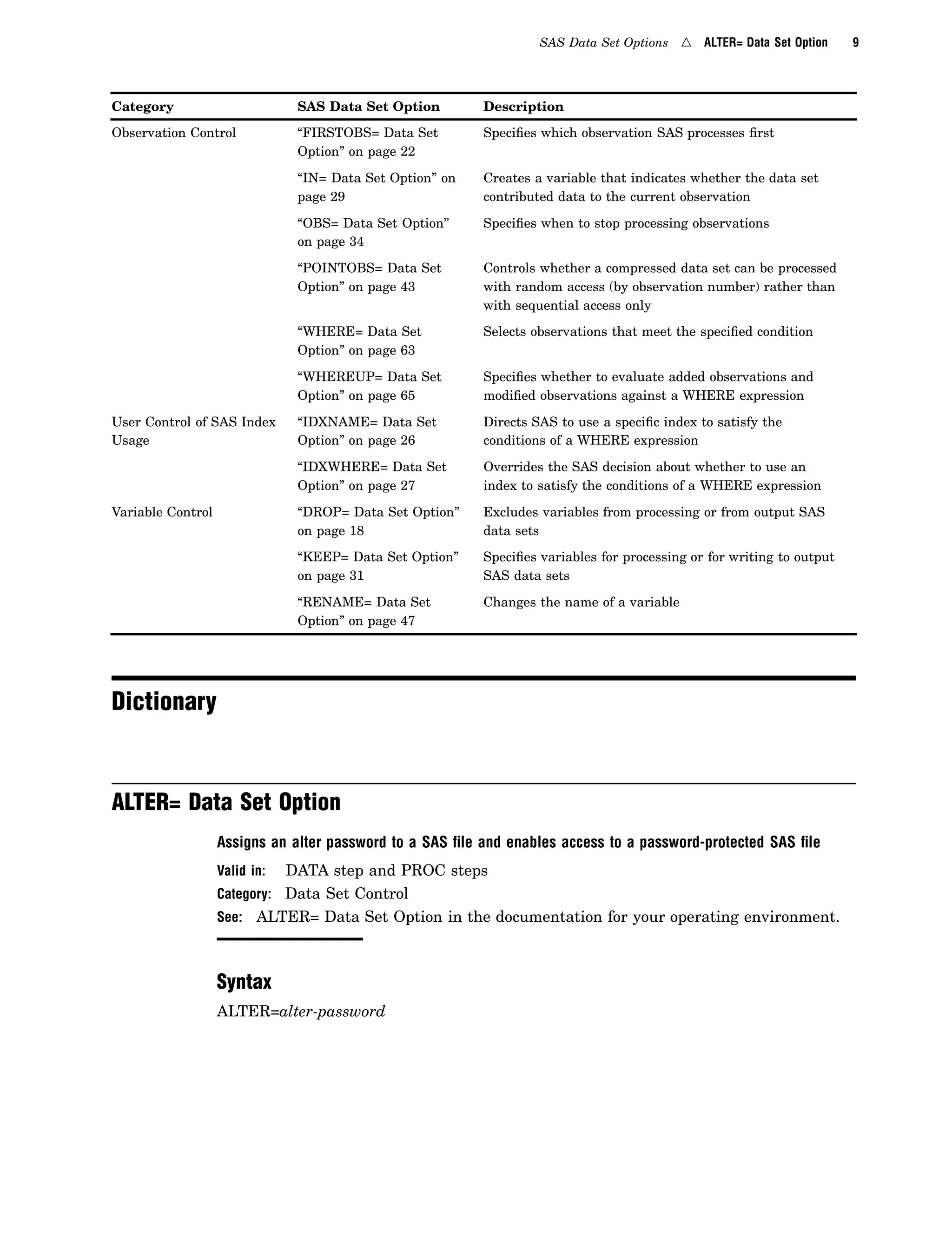 SAS Data Set Options 4 ALTER= Data Set Option 9
Category SAS Data Set Option Description
Observation Control “FIRSTOBS= Data Set
Option” on page 22
Specifies which observation SAS processes first
“IN= Data Set Option” on
page 29
Creates a variable that indicates whether the data set
contributed data to the current observation
“OBS= Data Set Option”
on page 34
Specifies when to stop processing observations
“POINTOBS= Data Set
Option” on page 43
Controls whether a compressed data set can be processed
with random access (by observation number) rather than
with sequential access only
“WHERE= Data Set
Option” on page 63
Selects observations that meet the specified condition
“WHEREUP= Data Set
Option” on page 65
Specifies whether to evaluate added observations and
modified observations against a WHERE expression
User Control of SAS Index
Usage
“IDXNAME= Data Set
Option” on page 26
Directs SAS to use a specific index to satisfy the
conditions of a WHERE expression
“IDXWHERE= Data Set
Option” on page 27
Overrides the SAS decision about whether to use an
index to satisfy the conditions of a WHERE expression
Variable Control “DROP= Data Set Option”
on page 18
Excludes variables from processing or from output SAS
data sets
“KEEP= Data Set Option”
on page 31
Specifies variables for processing or for writing to output
SAS data sets
“RENAME= Data Set
Option” on page 47
Changes the name of a variable
Dictionary
ALTER= Data Set Option
Assigns an alter password to a SAS ﬁle and enables access to a password-protected SAS ﬁle
Valid in: DATA step and PROC steps
Category: Data Set Control
See: ALTER= Data Set Option in the documentation for your operating environment.
Syntax
ALTER=alter-password
 