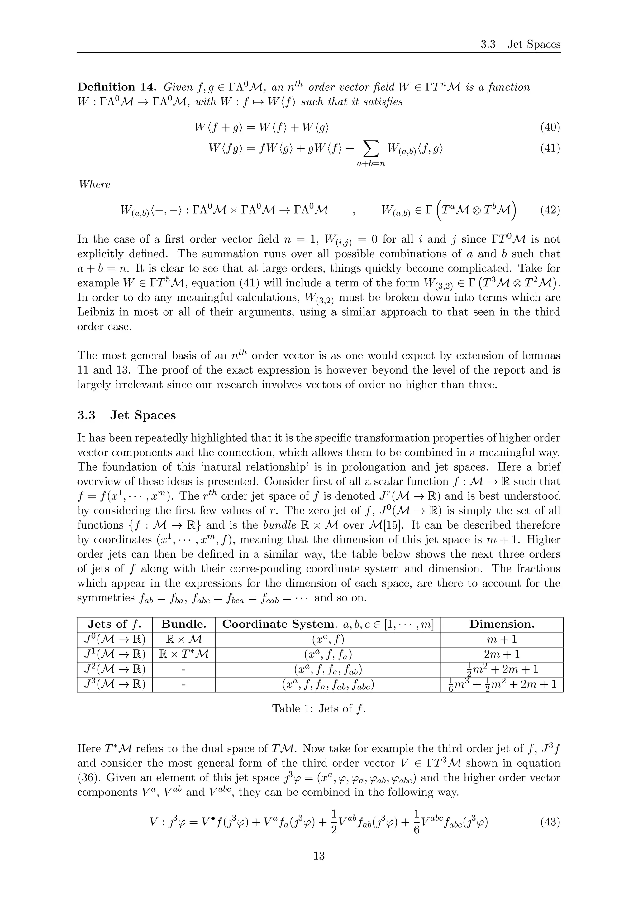 3.3 Jet Spaces
Deﬁnition 14. Given f, g ∈ ΓΛ0M, an nth order vector ﬁeld W ∈ ΓTnM is a function
W : ΓΛ0M → ΓΛ0M, with W : f → W f such that it satisﬁes
W f + g = W f + W g (40)
W fg = fW g + gW f +
a+b=n
W(a,b) f, g (41)
Where
W(a,b) −, − : ΓΛ0
M × ΓΛ0
M → ΓΛ0
M , W(a,b) ∈ Γ Ta
M ⊗ Tb
M (42)
In the case of a ﬁrst order vector ﬁeld n = 1, W(i,j) = 0 for all i and j since ΓT0M is not
explicitly deﬁned. The summation runs over all possible combinations of a and b such that
a + b = n. It is clear to see that at large orders, things quickly become complicated. Take for
example W ∈ ΓT5M, equation (41) will include a term of the form W(3,2) ∈ Γ T3M ⊗ T2M .
In order to do any meaningful calculations, W(3,2) must be broken down into terms which are
Leibniz in most or all of their arguments, using a similar approach to that seen in the third
order case.
The most general basis of an nth order vector is as one would expect by extension of lemmas
11 and 13. The proof of the exact expression is however beyond the level of the report and is
largely irrelevant since our research involves vectors of order no higher than three.
3.3 Jet Spaces
It has been repeatedly highlighted that it is the speciﬁc transformation properties of higher order
vector components and the connection, which allows them to be combined in a meaningful way.
The foundation of this ‘natural relationship’ is in prolongation and jet spaces. Here a brief
overview of these ideas is presented. Consider ﬁrst of all a scalar function f : M → R such that
f = f(x1, · · · , xm). The rth order jet space of f is denoted Jr(M → R) and is best understood
by considering the ﬁrst few values of r. The zero jet of f, J0(M → R) is simply the set of all
functions {f : M → R} and is the bundle R × M over M[15]. It can be described therefore
by coordinates (x1, · · · , xm, f), meaning that the dimension of this jet space is m + 1. Higher
order jets can then be deﬁned in a similar way, the table below shows the next three orders
of jets of f along with their corresponding coordinate system and dimension. The fractions
which appear in the expressions for the dimension of each space, are there to account for the
symmetries fab = fba, fabc = fbca = fcab = · · · and so on.
Jets of f. Bundle. Coordinate System. a, b, c ∈ [1, · · · , m] Dimension.
J0(M → R) R × M (xa, f) m + 1
J1(M → R) R × T∗M (xa, f, fa) 2m + 1
J2(M → R) - (xa, f, fa, fab) 1
2m2 + 2m + 1
J3(M → R) - (xa, f, fa, fab, fabc) 1
6m3 + 1
2m2 + 2m + 1
Table 1: Jets of f.
Here T∗M refers to the dual space of TM. Now take for example the third order jet of f, J3f
and consider the most general form of the third order vector V ∈ ΓT3M shown in equation
(36). Given an element of this jet space 3ϕ = (xa, ϕ, ϕa, ϕab, ϕabc) and the higher order vector
components V a, V ab and V abc, they can be combined in the following way.
V : 3
ϕ = V •
f(3
ϕ) + V a
fa(3
ϕ) +
1
2
V ab
fab(3
ϕ) +
1
6
V abc
fabc(3
ϕ) (43)
13
 