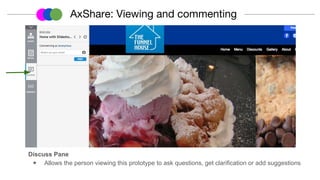 Discuss Pane
◉ Allows the person viewing this prototype to ask questions, get clarification or add suggestions
AxShare: Viewing and commenting
 
