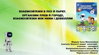 Марцін Інна Миколаївна
вчитель біології вищої категорії,
вчитель – методист
Калинопільського ліцею № 1
Звенигородського району
Черкаської області
ВЗАЄМОЗВ’ЯЗКИ В ЛІСІ Й ПАРКУ.
ОРГАНІЗМИ ЛУКІВ Й ГОРОДУ,
ВЗАЄМОЗВ’ЯЗКИ МІЖ НИМИ І ДОВКІЛЛЯМ
 