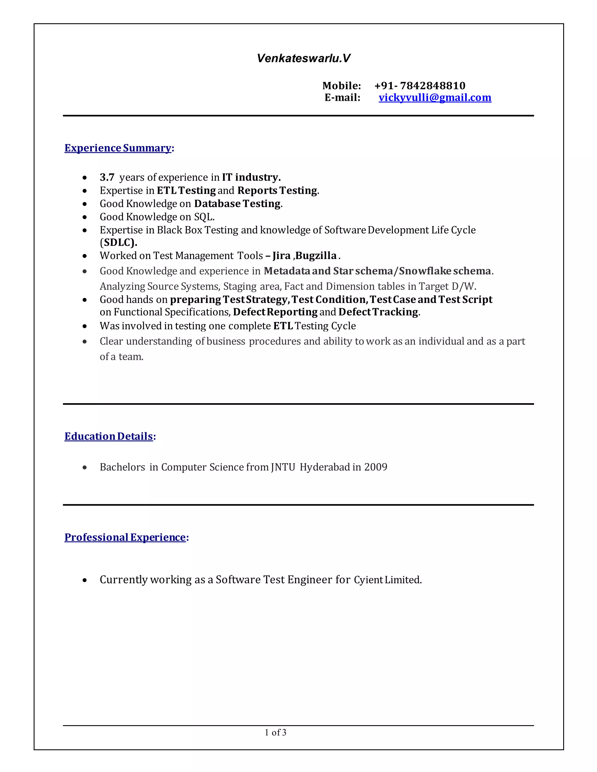 ETL Testing Resume @ venkatesh | DOCX
