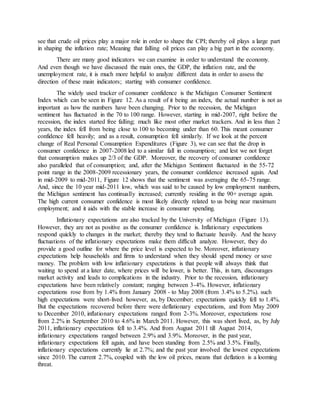 see that crude oil prices play a major role in order to shape the CPI; thereby oil plays a large part
in shaping the inflation rate; Meaning that falling oil prices can play a big part in the economy.
There are many good indicators we can examine in order to understand the economy.
And even though we have discussed the main ones, the GDP, the inflation rate, and the
unemployment rate, it is much more helpful to analyze different data in order to assess the
direction of these main indicators; starting with consumer confidence.
The widely used tracker of consumer confidence is the Michigan Consumer Sentiment
Index which can be seen in Figure 12. As a result of it being an index, the actual number is not as
important as how the numbers have been changing. Prior to the recession, the Michigan
sentiment has fluctuated in the 70 to 100 range. However, starting in mid-2007, right before the
recession, the index started free falling; much like most other market trackers. And in less than 2
years, the index fell from being close to 100 to becoming under than 60. This meant consumer
confidence fell heavily; and as a result, consumption fell similarly. If we look at the percent
change of Real Personal Consumption Expenditures (Figure 3), we can see that the drop in
consumer confidence in 2007-2008 led to a similar fall in consumption; and lest we not forget
that consumption makes up 2/3 of the GDP. Moreover, the recovery of consumer confidence
also paralleled that of consumption; and, after the Michigan Sentiment fluctuated in the 55-72
point range in the 2008-2009 recessionary years, the consumer confidence increased again. And
in mid-2009 to mid-2011, Figure 12 shows that the sentiment was averaging the 65-75 range.
And, since the 10 year mid-2011 low, which was said to be caused by low employment numbers,
the Michigan sentiment has continually increased; currently residing in the 90+ average again.
The high current consumer confidence is most likely directly related to us being near maximum
employment; and it aids with the stable increase in consumer spending.
Inflationary expectations are also tracked by the University of Michigan (Figure 13).
However, they are not as positive as the consumer confidence is. Inflationary expectations
respond quickly to changes in the market; thereby they tend to fluctuate heavily. And the heavy
fluctuations of the inflationary expectations make them difficult analyze. However, they do
provide a good outline for where the price level is expected to be. Moreover, inflationary
expectations help households and firms to understand when they should spend money or save
money. The problem with low inflationary expectations is that people will always think that
waiting to spend at a later date, where prices will be lower, is better. This, in turn, discourages
market activity and leads to complications in the industry. Prior to the recession, inflationary
expectations have been relatively constant; ranging between 3-4%. However, inflationary
expectations rose from by 1.4% from January 2008 - to May 2008 (from 3.4% to 5.2%). such
high expectations were short-lived however, as, by December; expectations quickly fell to 1.4%.
But the expectations recovered before there were deflationary expectations, and from May 2009
to December 2010, inflationary expectations ranged from 2-3%. Moreover, expectations rose
from 2.2% in September 2010 to 4.6% in March 2011. However, this was short lived, as, by July
2011, inflationary expectations fell to 3.4%. And from August 2011 till August 2014,
inflationary expectations ranged between 2.9% and 3.9%. Moreover, in the past year,
inflationary expectations fell again, and have been standing from 2.5% and 3.5%. Finally,
inflationary expectations currently lie at 2.7%; and the past year involved the lowest expectations
since 2010. The current 2.7%, coupled with the low oil prices, means that deflation is a looming
threat.
 