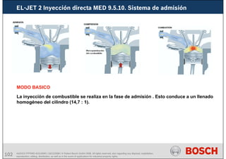 102 AA/SEI3 FPP5MD &SDJ5MD | 16/12/2008 | © Robert Bosch GmbH 2008. All rights reserved, also regarding any disposal, exploitation,
reproduction, editing, distribution, as well as in the event of applications for industrial property rights.
EL-JET 2 Inyección directa MED 9.5.10. Sistema de admisión
MODO BASICO
La inyección de combustible se realiza en la fase de admisión . Esto conduce a un llenado
homogéneo del cilindro (14,7 : 1).
 
