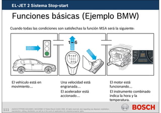 111 AA/SEI3 FPP5MD &SDJ5MD | 16/12/2008 | © Robert Bosch GmbH 2008. All rights reserved, also regarding any disposal, exploitation,
reproduction, editing, distribution, as well as in the event of applications for industrial property rights.
Funciones básicas (Ejemplo BMW)
Cuando todas las condiciones son satisfechas la función MSA será la siguiente:
El vehículo está en
movimiento…
Una velocidad está
engranada…
El acelerador está
accionado…
El motor está
funcionando…
El instrumento combinado
indica la hora y la
temperatura.
EL-JET 2 Sistema Stop-start
 