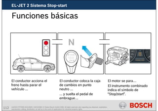 112 AA/SEI3 FPP5MD &SDJ5MD | 16/12/2008 | © Robert Bosch GmbH 2008. All rights reserved, also regarding any disposal, exploitation,
reproduction, editing, distribution, as well as in the event of applications for industrial property rights.
Funciones básicas
El conductor acciona el
freno hasta parar el
vehículo ...
El conductor coloca la caja
de cambios en punto
neutro ...
... y suelta el pedal de
embrague…
El motor se para…
El instrumento combinado
indica el símbolo de
“Stop/start”.
EL-JET 2 Sistema Stop-start
 