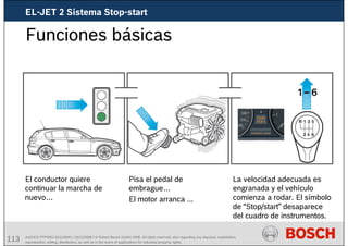 113 AA/SEI3 FPP5MD &SDJ5MD | 16/12/2008 | © Robert Bosch GmbH 2008. All rights reserved, also regarding any disposal, exploitation,
reproduction, editing, distribution, as well as in the event of applications for industrial property rights.
Funciones básicas
El conductor quiere
continuar la marcha de
nuevo…
Pisa el pedal de
embrague…
El motor arranca ...
La velocidad adecuada es
engranada y el vehículo
comienza a rodar. El símbolo
de “Stop/start” desaparece
del cuadro de instrumentos.
EL-JET 2 Sistema Stop-start
 
