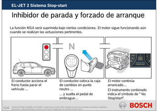 114 AA/SEI3 FPP5MD &SDJ5MD | 16/12/2008 | © Robert Bosch GmbH 2008. All rights reserved, also regarding any disposal, exploitation,
reproduction, editing, distribution, as well as in the event of applications for industrial property rights.
Inhibidor de parada y forzado de arranque
La función MSA será suprimida bajo ciertas condiciones. El motor sigue funcionando aún
cuando se realizan las actuaciones pertinentes.
El conductor acciona el
freno hasta parar el
vehículo ...
El conductor coloca la caja
de cambios en punto
neutro ...
... y suelta el pedal de
embrague…
El motor continúa
arrancado…
El instrumento conbinado
indica el símbolo de “ No
Stop/start”.
EL-JET 2 Sistema Stop-start
 