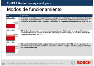 158 AA/SEI3 FPP5MD &SDJ5MD | 16/12/2008 | © Robert Bosch GmbH 2008. All rights reserved, also regarding any disposal, exploitation,
reproduction, editing, distribution, as well as in the event of applications for industrial property rights.
IGR-Low Cuando el alternador carga al máximo, el nivel máximo (SOC S2) puede superarse. El
alternador carga al máximo intentando recuperar la máxima energía a la batería, preparándola para
una eventual descarga.
IGR-Medium En esta fase, se mantiene la carga, aplicando el alternador la carga suficiente para
suministrar tensión al circuito eléctrico del vehículo y mantener la carga de la batería. El nivel de
carga no sobrepasará SOC S2.
El sistema de gestión de energía comienza a trabajar por encima de un nivel determinado de carga,
hasta aquí, se comporta como un sistema de carga convencional. Corta el suministro de carga
cuando se alcanza este nivel. Durante la conducción, la carga se mantiene entre SOC S1 y SOC S2.
Explicación
Pos.
Modos de funcionamiento
EL-JET 2 Gestión de carga inteligente
 