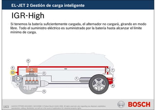 163 AA/SEI3 FPP5MD &SDJ5MD | 16/12/2008 | © Robert Bosch GmbH 2008. All rights reserved, also regarding any disposal, exploitation,
reproduction, editing, distribution, as well as in the event of applications for industrial property rights.
IGR-High
Si tenemos la batería suficientemente cargada, el alternador no cargará, girando en modo
libre. Todo el suministro eléctrico es suministrado por la batería hasta alcanzar el límite
mínimo de carga.
EL-JET 2 Gestión de carga inteligente
 
