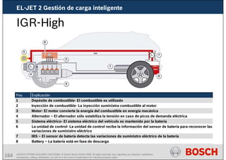 164 AA/SEI3 FPP5MD &SDJ5MD | 16/12/2008 | © Robert Bosch GmbH 2008. All rights reserved, also regarding any disposal, exploitation,
reproduction, editing, distribution, as well as in the event of applications for industrial property rights.
IGR-High
Battery – La batería está en fase de descarga
8
IBS – El sensor de batería detecta las variaciones de suministro eléctrico de la batería
7
La unidad de control- La unidad de control recibe la información del sensor de batería para reconocer las
variaciones de suministro eléctrico
6
Sistema eléctrico- El sistema eléctrico del vehículo es mantenido por la batería
5
Alternador – El alternador sólo estabiliza la tensión en caso de picos de demanda eléctrica
4
Motor- El motor convierte la energía del combustible en energía mecánica
3
Inyección de combustible- La inyección suministra combustible al motor
2
Depósito de combustible- El combustible es utilizado
1
Explicación
Pos.
EL-JET 2 Gestión de carga inteligente
 