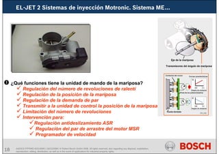 18 AA/SEI3 FPP5MD &SDJ5MD | 16/12/2008 | © Robert Bosch GmbH 2008. All rights reserved, also regarding any disposal, exploitation,
reproduction, editing, distribution, as well as in the event of applications for industrial property rights.
¿Qué funciones tiene la unidad de mando de la mariposa?
Regulación del número de revoluciones de ralentí
Regulación de la posición de la mariposa
Regulación de la demanda de par
Transmitir a la unidad de control la posición de la mariposa
Limitación del número de revoluciones
Intervención para:
Regulación antideslizamiento ASR
Regulación del par de arrastre del motor MSR
Programador de velocidad
EL-JET 2 Sistemas de inyección Motronic. Sistema ME…
 