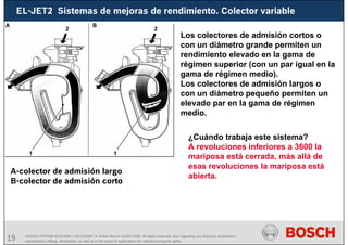 19 AA/SEI3 FPP5MD &SDJ5MD | 16/12/2008 | © Robert Bosch GmbH 2008. All rights reserved, also regarding any disposal, exploitation,
reproduction, editing, distribution, as well as in the event of applications for industrial property rights.
EL-JET2 Sistemas de mejoras de rendimiento. Colector variable
A-colector de admisión largo
B-colector de admisión corto
Los colectores de admisión cortos o
con un diámetro grande permiten un
rendimiento elevado en la gama de
régimen superior (con un par igual en la
gama de régimen medio).
Los colectores de admisión largos o
con un diámetro pequeño permiten un
elevado par en la gama de régimen
medio.
¿Cuándo trabaja este sistema?
A revoluciones inferiores a 3600 la
mariposa está cerrada, más allá de
esas revoluciones la mariposa está
abierta.
 