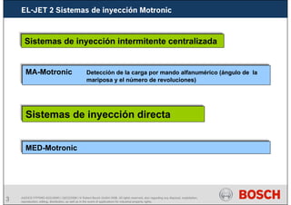 3 AA/SEI3 FPP5MD &SDJ5MD | 16/12/2008 | © Robert Bosch GmbH 2008. All rights reserved, also regarding any disposal, exploitation,
reproduction, editing, distribution, as well as in the event of applications for industrial property rights.
MA-Motronic Detección de la carga por mando alfanumérico (ángulo de la
mariposa y el número de revoluciones)
Sistemas de inyección intermitente centralizada
Sistemas de inyección directa
MED-Motronic
EL-JET 2 Sistemas de inyección Motronic
 