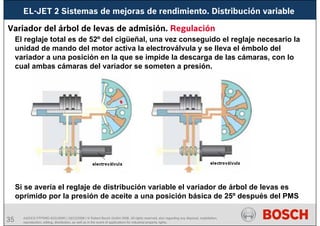 35 AA/SEI3 FPP5MD &SDJ5MD | 16/12/2008 | © Robert Bosch GmbH 2008. All rights reserved, also regarding any disposal, exploitation,
reproduction, editing, distribution, as well as in the event of applications for industrial property rights.
Variador del árbol de levas de admisión. Regulación
El reglaje total es de 52º del cigüeñal, una vez conseguido el reglaje necesario la
unidad de mando del motor activa la electroválvula y se lleva el émbolo del
variador a una posición en la que se impide la descarga de las cámaras, con lo
cual ambas cámaras del variador se someten a presión.
Si se avería el reglaje de distribución variable el variador de árbol de levas es
oprimido por la presión de aceite a una posición básica de 25º después del PMS
EL-JET 2 Sistemas de mejoras de rendimiento. Distribución variable
 