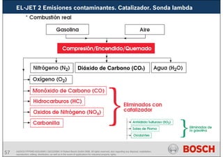 57 AA/SEI3 FPP5MD &SDJ5MD | 16/12/2008 | © Robert Bosch GmbH 2008. All rights reserved, also regarding any disposal, exploitation,
reproduction, editing, distribution, as well as in the event of applications for industrial property rights.
Dióxido de Carbono (CO2)
EL-JET 2 Emisiones contaminantes. Catalizador. Sonda lambda
 
