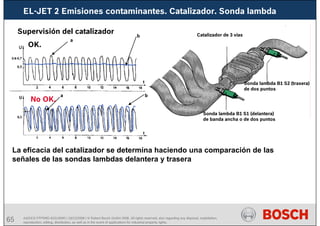 65 AA/SEI3 FPP5MD &SDJ5MD | 16/12/2008 | © Robert Bosch GmbH 2008. All rights reserved, also regarding any disposal, exploitation,
reproduction, editing, distribution, as well as in the event of applications for industrial property rights.
EL-JET 2 Emisiones contaminantes. Catalizador. Sonda lambda
Supervisión del catalizador Catalizador de 3 vías
Sonda lambda B1 S1 (delantera)
de banda ancha o de dos puntos
Sonda lambda B1 S2 (trasera)
de dos puntos
a
a
b
b
La eficacia del catalizador se determina haciendo una comparación de las
señales de las sondas lambdas delantera y trasera
OK.
No OK.
 