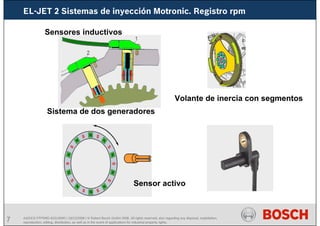 7 AA/SEI3 FPP5MD &SDJ5MD | 16/12/2008 | © Robert Bosch GmbH 2008. All rights reserved, also regarding any disposal, exploitation,
reproduction, editing, distribution, as well as in the event of applications for industrial property rights.
Sensores inductivos
Sistema de dos generadores
Volante de inercia con segmentos
Sensor activo
EL-JET 2 Sistemas de inyección Motronic. Registro rpm
 