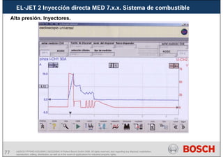 77 AA/SEI3 FPP5MD &SDJ5MD | 16/12/2008 | © Robert Bosch GmbH 2008. All rights reserved, also regarding any disposal, exploitation,
reproduction, editing, distribution, as well as in the event of applications for industrial property rights.
EL-JET 2 Inyección directa MED 7.x.x. Sistema de combustible
Alta presión. Inyectores.
 