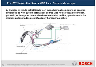 84 AA/SEI3 FPP5MD &SDJ5MD | 16/12/2008 | © Robert Bosch GmbH 2008. All rights reserved, also regarding any disposal, exploitation,
reproduction, editing, distribution, as well as in the event of applications for industrial property rights.
EL-JET 2 Inyección directa MED 7.x.x. Sistema de escape
Al trabajar en modo estratificado y en modo homogéneo-pobre se generan
emisiones de Nox que un catalizador de tres vías no es capaz de eliminar,
para ello se incorpora un catalizador-acumulador de Nox, que almacena los
mismos en los modos estratificados y homogéneo-pobre.
 