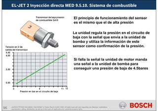 96 AA/SEI3 FPP5MD &SDJ5MD | 16/12/2008 | © Robert Bosch GmbH 2008. All rights reserved, also regarding any disposal, exploitation,
reproduction, editing, distribution, as well as in the event of applications for industrial property rights.
EL-JET 2 Inyección directa MED 9.5.10. Sistema de combustible
El principio de funcionamiento del sensor
es el mismo que el de alta presión
La unidad regula la presión en el circuito de
baja con la señal que envía a la unidad de
bomba y utiliza la información de este
sensor como confirmación de la presión.
Si falla la señal la unidad de motor manda
una señal a la unidad de bomba para
conseguir una presión de baja de 4.5bares
 