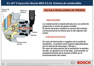 98 AA/SEI3 FPP5MD &SDJ5MD | 16/12/2008 | © Robert Bosch GmbH 2008. All rights reserved, also regarding any disposal, exploitation,
reproduction, editing, distribution, as well as in the event of applications for industrial property rights.
EL-JET 2 Inyección directa MED 9.5.10. Sistema de combustible
EXCITACION
VALVULA REGULADORA DE PRESION
La unidad excita la electroválvula con una señal de
proporción y ancho de pulso variable .
El ancho de pulso modifica la carrera del embolo.
La frecuencia es la misma que la del régimen del
motor.
FUNCION SUSTITUVA
En caso de derivación a negativo de la señal de
excitación , la presión será máxima degradándose
por la válvula de descarga ( 120 bar ).
En caso de interrupción de la excitación la presión
de alta se igualara con la de baja , provocando un
empobrecimiento de la mezcla y fallos en el
funcionamiento del motor.
 