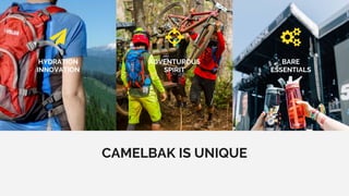 HYDRATION
INNOVATION
ADVENTUROUS
SPIRIT
BARE
ESSENTIALS
CAMELBAK IS UNIQUE
 