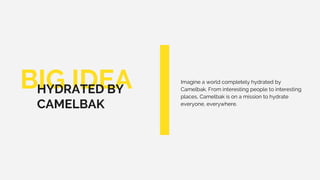 BIG IDEA Imagine a world completely hydrated by
Camelbak. From interesting people to interesting
places, Camelbak is on a mission to hydrate
everyone, everywhere.
HYDRATED BY
CAMELBAK
 