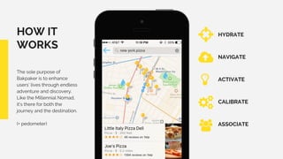 HOW IT
WORKS
The sole purpose of
Bakpaker is to enhance
users’ lives through endless
adventure and discovery.
Like the Millennial Nomad,
it’s there for both the
journey and the destination.
(+ pedometer)
NAVIGATE
HYDRATE
ACTIVATE
CALIBRATE
ASSOCIATE
 