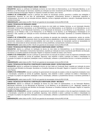 CARGO: TÉCNICO(A) DE MANUTENÇÃO JÚNIOR - MECÂNICA
REQUISITOS: diploma ou certificado de habilitação de técnico de nível médio em Eletromecânica, ou em Fabricação Mecânica, ou em
Mecânica ou em Manutenção de Aeronaves, expedido por instituição de ensino reconhecida pelo Ministério da Educação, Secretarias ou
Conselhos Estaduais de Educação. Registro no respectivo Conselho de Classe, como Técnico.
EXEMPLO DE ATRIBUIÇÕES: executar e participar das tarefas de manutenção corretiva, preventiva e preditiva nas instalações e
equipamentos industriais da sua área de especialização, empregando conhecimentos técnicos e operacionais específicos e
complementares, de acordo com as instruções técnicas, desenhos, normas e legislação pertinente e; executar a fiscalização técnica dos
contratos de serviços.
REMUNERAÇÃO: salário básico de R$ 1.732,25 com garantia de remuneração mínima de R$ 2.615,86.
CARGO: TÉCNICO(A) DE OPERAÇÃO JÚNIOR
REQUISITOS: diploma ou certificado de habilitação de técnico de nível médio em Análises Químicas, ou em Automação Industrial,
Eletricidade e Instrumentos Aeronáuticos, ou em Eletroeletrônica, ou em Eletromecânica, ou em Eletrônica, ou em Eletrotécnica, ou em
Fabricação Mecânica, ou em Manutenção Automotiva, ou em Manutenção de Aeronaves, ou em Mecânica, ou em Mecatrônica, ou em
Metalurgia, ou em Petróleo e Gás, ou em Petroquímica, ou em Plásticos, ou em Química, ou em Refrigeração e Climatização ou em
Sistemas a Gás, expedido por instituição de ensino reconhecida pelo Ministério da Educação, Secretarias ou Conselhos Estaduais de
Educação.
EXEMPLO DE ATRIBUIÇÕES: executar e participar das atividades de operação das instalações, equipamentos, painéis de controle,
sistemas supervisórios e de monitoramento dentro dos padrões técnicos estabelecidos e das normas operacionais, controlando variáveis
operacionais, observando a existência de anormalidades, bem como atuar no processo de manutenção suprindo as necessidades de
primeiro nível, direcionados às demais demandas conforme normas predefinidas, acompanhando e testando as correções.
REMUNERAÇÃO: salário básico de R$ 1.732,25 com garantia de remuneração mínima de R$ 2.615,86.
CARGO: TÉCNICO(A) DE PROJETOS, CONSTRUÇÃO E MONTAGEM JÚNIOR - ELÉTRICA
REQUISITOS: diploma ou certificado de habilitação de técnico de nível médio em Eletroeletrônica, ou em Eletromecânica, ou em
Eletrotécnica ou em Eletricidade e Instrumentos Aeronáuticos, expedido por instituição de ensino reconhecida pelo Ministério da Educação,
Secretarias ou Conselhos Estaduais de Educação. Registro no respectivo Conselho de Classe, como Técnico.
EXEMPLO DE ATRIBUIÇÕES: executar e participar do gerenciamento da execução de projetos e obras de engenharia (instalações novas
e manutenção), cumprindo as normas de qualidade, segurança, meio ambiente e saúde e participar da análise e interpretação da
concepção de projetos de engenharia (instalações novas e manutenção), softwares e procedimentos técnicos e normativos pertinentes à
área.
REMUNERAÇÃO: salário básico de R$ 1.732,25 com garantia de remuneração mínima de R$ 2.615,86.
CARGO: TÉCNICO(A) DE PROJETOS, CONSTRUÇÃO E MONTAGEM JÚNIOR - ESTRUTURAS NAVAIS
REQUISITOS: diploma ou certificado de habilitação de técnico de nível médio em Construção Naval, expedido por instituição de ensino
reconhecida pelo Ministério da Educação, Secretarias ou Conselhos Estaduais de Educação. Registro no respectivo Conselho de Classe,
como Técnico.
EXEMPLO DE ATRIBUIÇÕES: executar e participar do gerenciamento da execução de projetos e obras de engenharia (instalações novas
e manutenção), cumprindo as normas de qualidade, segurança, meio ambiente e saúde e participar da análise e interpretação da
concepção de projetos de engenharia (instalações novas e manutenção), softwares e procedimentos técnicos e normativos pertinentes à
área.
REMUNERAÇÃO: salário básico de R$ 1.732,25 com garantia de remuneração mínima de R$ 2.615,86.
CARGO: TÉCNICO(A) DE PROJETOS, CONSTRUÇÃO E MONTAGEM JÚNIOR - MECÂNICA
REQUISITOS: diploma ou certificado de habilitação de técnico de nível médio em Eletromecânica, ou em Fabricação Mecânica,
Manutenção Automotiva, ou em Manutenção de Aeronaves, ou em Mecânica, ou em Mecatrônica ou em Metalurgia, expedido por
instituição de ensino reconhecida pelo Ministério da Educação, Secretarias ou Conselhos Estaduais de Educação. Registro no respectivo
Conselho de Classe, como Técnico.
EXEMPLO DE ATRIBUIÇÕES: executar e participar do gerenciamento da execução de projetos e obras de engenharia (instalações novas
e manutenção), cumprindo as normas de qualidade, segurança, meio ambiente e saúde e participar da análise e interpretação da
concepção de projetos de engenharia (instalações novas e manutenção), softwares e procedimentos técnicos e normativos pertinentes à
área.
REMUNERAÇÃO: salário básico de R$ 1.732,25 com garantia de remuneração mínima de R$ 2.615,86.




                                                                   31 
 