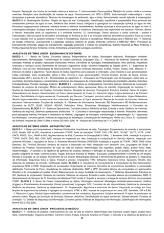 lineares; Separação dos modos de oscilação internos e externos; 7. Instrumentação Oceanográfica: Medição de ondas, marés e correntes
marinhas; Medições para identificação de massas de água; Posicionamento por GPS e DGPS; Instrumentação meteorológica – vento,
temperatura e pressão atmosférica; Técnicas de amostragem de sedimento, água e biota; Sensoriamento remoto aplicado à oceanografia.
BLOCO 3: 8. Oceanografia Química: Origem da água do mar; Composição, classificação, equilíbrios e propriedades físico-químicas dos
constituintes químicos da água do mar; Influência dos fatores físicos, biológicos e geológicos na composição química da água do mar;
Processos biogeoquímicos marinhos; Interface ar/mar e interface mar/sedimento; Análises químicas e físico-químicas da água do mar; 9.
Oceanografia Biológica: Ecologia marinha; Ecossistemas costeiros e oceânicos; Distribuição dos organismos nos oceanos: Plâncton, Bentos
e Necton; Interações entre os organismos e o ambiente marinho; 10. Meteorologia: Dados sinóticos e cartas sinóticas – análise e
interpretação; Estrutura geral da atmosfera; Climatologia da América do Sul e os principais sistemas atmosféricos atuantes; Tipos de nuvens
e suas relações com os quadros sinóticos; Frentes e frontogênese; Ciclones e ciclogênese; Meteorologia para o Atlântico Sul; 11. Sistemas
de Gestão Ambiental, Licenciamento e Legislação Aplicada: Sistema de gestão ambiental conforme a NBR-ISO 14001; Processos de
licenciamento ambiental: etapas do licenciamento, legislação pertinente e esferas de competência; Sistema Nacional do Meio Ambiente e
Política Nacional do Meio Ambiente; Crimes Ambientais; Zoneamento ecológico-econômico.

ANALISTA DE SISTEMAS JÚNIOR - ENGENHARIA DE SOFTWARE
BLOCO 1: 1 - Banco de Dados: Conceitos básicos; Independência de dados; Abordagem relacional; Modelagem entidade-
relacionamento; Normalização; Transformação do modelo conceitual; Linguagem SQL. 2 - Arquitetura de Sistemas: Sistemas de três
camadas; Padrões de projeto; Aplicações distribuídas; Portais; Servidores de Aplicação; Interoperabilidade; Web Services; Arquitetura
Orientada a Serviços (SOA); Barramento de Serviços Corporativos (ESB); Sistemas Integrados de Gestão (ERP). 3 - Engenharia de
Software: Ciclo de vida; Metodologias de desenvolvimento; Processo Unificado: Requisitos, Análise, Projeto, Testes; UML; Métricas. 4 -
Estrutura de dados e algoritmos: Tipos básicos de dados; Algoritmos para pesquisa e ordenação; Listas lineares e suas generalizações:
Listas ordenadas, listas encadeadas, pilhas e filas; Árvores e suas generalizações: Árvores binárias, árvores de busca, árvores
balanceadas (AVL), árvores B e B+; Complexidade de algoritmos. 5 - Linguagens de Programação (uso da linguagem JAVA para os
exemplos): Conceitos básicos e características estruturais das linguagens de programação; Conceitos de orientação a objetos; Coleções;
Entradas/Saídas; Threads; Garbage Collector. BLOCO 2: 6 - Arquitetura de computadores: Conceitos básicos; Sistemas de numeração;
Modelos de conjunto de instruções; Modos de endereçamento; Bloco operacional; Bloco de controle; Organização de memória 7 -
Noções de Gerenciamento de Projetos: Conceitos básicos; Alocação de recursos; Cronograma; Estrutura analítica; Fases do projeto;
Gerenciamento do Escopo; Gerenciamento do Prazo; Gerenciamento do Custo. 8 - Raciocínio lógico: Lógica Sentencial e de Primeira
Ordem; Decidibilidade da lógica sentencial; Enumeração por Recurso; Contagem: princípio aditivo e multiplicativo; Lógica Matemática:
Sentido lógico-matemático convencional dos conectivos; Argumentos; A lógica sentencial; Regras de formação de fórmulas; Sistemas
dedutivos; Valores-verdade; Funções de avaliação. 9 - Sistemas de Informações Gerenciais: BD Relacionais x BD Multidimensionais;
Conceitos de OLTP, OLAP, MOLAP, ROLAP; Definições: Fatos, Dimensões; Modelagem Multidimensional; e Conceitos de
Datawarehousing. BLOCO 3: 10 - Sistemas Operacionais: Conceitos básicos; Gerência de filas; Entrada e saída; Gerência de memória;
Gerência de arquivos; Sistemas operacionais distribuídos. 11 - Conceitos e tecnologias relacionadas à Internet: Protocolos relevantes
para aplicações Internet; Princípios e arquitetura da Internet; Linguagens de marcação, transformação e apresentação. 12 - Segurança
da Informação: Conceitos gerais; Políticas de Segurança de Informação; Classificação de informações; Norma ISO 27002. 13 - Qualidade
de Software: Noções de CMM e CMMI e Norma ISO 9001:2008. 14 - Noções de Governança de TI e COBIT 4.0

ANALISTA DE SISTEMAS JÚNIOR - INFRAESTRUTURA
BLOCO 1: 1. Redes de Computadores e Sistemas Distribuídos: Arquiteturas de rede; Topologias; Equipamentos de conexão e transmissão;
QOS; Modelo OSI da ISO; Arquitetura e protocolos TCP/IP; Nível de aplicação TCP/IP: DNS, FTP, NFS, TELNET, SMTP, HTTP, LDAP,
DHCP, IPSEC, SSH, SNMP e NAT; Noções básicas de IPv6; Conceitos de Storage (NAS e SAN). 2. Ambiente UNIX: Instalação e suporte a
TCP/IP, DHCP, DNS, NIS, CIFS, NFS, serviços de impressão em rede; Instalação e configuração do Servidor Apache; Integração com
ambiente Windows, Linguagens de Script. 3. Ambiente Microsoft Windows 2003/2008: Instalação e suporte de TCP/IP, DHCP, DNS; Active
Directory, IIS, Terminal Services; Serviços de arquivo e impressão em rede; Integração com ambiente Unix; Linguagens de Script. 4.
Gerência de Projetos: Gerenciamento do ciclo de vida do sistema: determinação dos requisitos, projeto lógico, projeto físico, teste,
implementação; O conceito e os objetivos da gerência de projetos; Abertura e definição do escopo de um projeto; Planejamento de um
projeto; Diagrama de Rede, Caminho Crítico, Folgas, Estrutura Analítica do Projeto; Execução, acompanhamento e controle de um projeto;
Revisão e avaliação de um projeto; Fechamento de um projeto; Metodologias, técnicas e ferramentas da gerência de projetos. 5. Segurança
da Informação: Segurança física e lógica; Firewall e proxies; Criptografia; VPN; Softwares maliciosos (Vírus, Spywares, Rootkit, etc);
Sistemas de detecção de intrusão; Certificação Digital. BLOCO 2: 6. Arquitetura de Computadores e Computação de Alto Desempenho:
Arquiteturas RISC e CISC; Organização do processador; Organização de memória; Conceitos de concorrência, paralelismo e computação
distribuída; Taxonomia de Flynn; Arquiteturas de sistemas distribuídos: SMP e MPP; Conceitos básicos de computação em aglomerados
(Cluster) e de computação em grades (Grids); Balanceamento de carga; Avaliação de desempenho. 7. Sistemas Operacionais: Estrutura do
SO; Gerência do processador; Gerência de memória; Sistemas de arquivos; Entrada e saída; Conceitos básicos de compiladores; RAID. 8.
Gerenciamento de Serviços de TI: Conceitos da biblioteca ITIL® versão 2: Suporte a serviços e entrega de serviços; Domínio dos processos
COBIT. BLOCO 3: 9. Banco de Dados: Independência de dados; Abordagem relacional; Modelagem entidade-relacionamento; Gatilhos
(triggers) e Procedimentos Armazenados (Stored procedures); Linguagem SQL; Conceitos de alta disponibilidade; Gerência de transações;
Gerência de bloqueios; Gerência de desempenho. 10. Programação: Algoritmos e estruturas de dados; Depuração de código em Java;
Noções de engenharia de software; Linguagem de marcação: HTML e XML; Noções de programação em Java (JEE, Servelets, JSP e EJB).
11. Raciocínio Lógico: Sentido lógico-matemático convencional dos conectivos; Argumentos; A lógica sentencial; A lógica de predicados de
primeira ordem; Regras de formação de fórmulas; Sistemas dedutivos; Decidibilidade da lógica sentencial; Valores-verdade; Funções de
avaliação. 12. Gestão da Segurança da Informação: Conceitos gerais; Políticas de Segurança de Informação; Classificação de Informações;
Norma ISO 27002:2005.

ANALISTA DE SISTEMAS JÚNIOR - PROCESSOS DE NEGÓCIO
BLOCO 1: 1 - Gerência de projetos: Gerenciamento do ciclo de vida do sistema: determinação dos requisitos, projeto lógico, projeto físico,
teste, implementação; Diagrama de Rede, Caminho Crítico, Folgas, Estrutura Analítica do Projeto; O conceito e os objetivos da gerência de
                                                                 36 
 