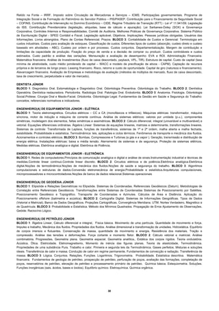 Retido na Fonte – IRRF. Imposto sobre Circulação de Mercadorias e Serviços – ICMS. Participações governamentais. Programa de
Integração Social e de Formação do Patrimônio do Servidor Público – PIS/PASEP. Contribuição para o Financiamento da Seguridade Social
– COFINS. Contribuição de Intervenção no Domínio Econômico – CIDE. Regime Tributário de Transição (RTT) - Lei nº 11.941/09. Legislação
do ISS. Contribuição Previdenciária (legislação, alíquotas, base de cálculo e apuração). Lei Sarbanes-Oxley (SOX) e Governança
Corporativa. Controles Internos e Responsabilidades. Comitê de Auditoria. Melhores Práticas de Governança Corporativa. Sistema Público
de Escrituração Digital - SPED Contábil e Fiscal. Legislação aplicável. Objetivos. Implicações. Pessoas jurídicas obrigadas. Usuários das
Informações. Livros abrangidos. Plano de Contas Referencial. Prazos. BLOCO 3: Contabilidade de Custos e Gerencial: Terminologia em
custos industriais. Custos para avaliação de estoques. Classificação de custos. Diferentes tipos de custeio (absorção, custeio direto e custeio
baseado em atividades - ABC). Custeio por ordem e por processo. Custos conjuntos. Departamentalização. Margem de contribuição e
limitações da capacidade de produção. Fixação do preço de venda e a decisão de comprar ou produzir. Custos controláveis e custos
estimados. Custo padrão e análise das variações. Mensuração e avaliação de desempenho: EVA e ROI. Administração Financeira:
Matemática financeira. Análise de Investimentos (fluxo de caixa descontado, payback, VPL, TIR). Estrutura de capital. Custo de capital (taxa
mínima de atratividade, custo médio ponderado de capital – WACC e modelo de precificação de ativos - CAPM). Captação de recursos
próprios e de terceiros de longo prazo. Leasing financeiro. Risco, retorno e custo de oportunidade. Capital de giro (natureza e financiamento).
Alavancagem financeira. Avaliação de Empresas e metodologia de avaliação (métodos de múltiplos de mercado, fluxo de caixa descontado,
taxa de crescimento, perpetuidade e valor de mercado).

DENTISTA JÚNIOR
BLOCO 1: Diagnóstico Oral. Estomatologia e Diagnóstico Oral. Odontologia Preventiva. Odontologia do Trabalho. BLOCO 2: Dentística
Operatória. Dentística restauradora. Periodontia. Radiologia Oral. Patologia Oral. Endodontia. BLOCO 3: Anatomia. Fisiologia. Odontologia
Social.Prótese. Cirurgia Oral e Maxilo-Facial. Ortodontia. Odontologia Legal. Fundamentos da Gestão em Saúde e Segurança do Trabalho:
conceitos, referenciais normativos e indicadores.

ENGENHEIRO(A) DE EQUIPAMENTOS JÚNIOR - ELÉTRICA
BLOCO 1: Teoria eletromagnética. Circuitos elétricos – CC e CA (monofásicos e trifásicos). Máquinas elétricas: transformador, máquina
síncrona, motor de indução e máquina de corrente contínua. Análise de sistemas elétricos: valores por unidade (p.u.), componentes
simétricas, modelagem dos elementos, faltas simétricas e assimétricas. BLOCO 2: Cálculo diferencial, integral (univariável e multivariável) e
vetorial. Equações diferenciais ordinárias. Álgebra Linear: Sistemas de equações lineares, matrizes e determinante, transformações lineares.
Sistemas de controle: Transformada de Laplace, funções de transferência, sistemas de 1ª e 2ª ordem, malha aberta e malha fechada,
estabilidade. Probabilidade e estatística. Termodinâmica: leis, aplicações e ciclos térmicos. Fenômenos de transporte e mecânica dos fluidos.
Acionamentos e controles elétricos. BLOCO 3: Bombas, Compressores e Turbinas (a gás e a vapor ). Geração, transmissão e distribuição de
energia elétrica. Instalações elétricas: baixa e média tensão. Aterramento de sistemas e de segurança. Proteção de sistemas elétricos.
Medidas elétricas. Eletrônica analógica e digital. Eletrônica de Potência.

ENGENHEIRO(A) DE EQUIPAMENTOS JÚNIOR - ELETRÔNICA
BLOCO 1: Redes de computadores.Princípios de comunicação analógica e digital e análise de sinais.Instrumentação industrial e técnicas de
medidas.Controle linear contínuo.Controle linear discreto. BLOCO 2: Circuitos elétricos e de potência.Eletrônica analógica.Eletrônica
digital.Noções de termodinâmica.Noções de mecânica dos fluidos.Noções de saúde e segurança do trabalho. BLOCO 3: Algoritmos
computacionais e estruturas de dados.Conversão eletromecânica de energia.Probabilidade e estatística.Arquiteturas computacionais,
microprocessadores e microcontroladores.Noções de banco de dados relacional.Sistemas operacionais

ENGENHEIRO(A) DE GEODÉSIA JÚNIOR
BLOCO 1: Elipsóide e Relações Geométricas no Elipsóide. Sistemas de Coordenadas. Referenciais Geodésicos (Datum). Metodologias de
Correlação entre Referenciais Geodésicos. Transformações entre Sistemas de Coordenadas Sistemas de Posicionamento por Satélites.
Posicionamento Geodésico e Topográfico. Transporte de Coordenadas e Azimutes. Cálculos de Área e Distância. Aplicação do
Posicionamento offshore (batimetria e acústica). BLOCO 2: Cartografia Digital. Sistemas de Informações Geográficas. Tipos de Dados
(Vetorial e Matricial). Banco de Dados Geográficos. Projeções Cartográficas. Convergência Meridiana. UTM. Nortes Verdadeiro, Magnético e
de Quadrícula. BLOCO 3: Probabilidade e Estatística. Método dos Mínimos Quadrados. Propagação de Erros Ajustamento de Observações.
Geóide. Raciocínio Lógico.

ENGENHEIRO(A) DE PETRÓLEO JÚNIOR
BLOCO 1: Álgebra Linear, Cálculo diferencial e integral, Física básica. Movimento de uma partícula. Quantidade de movimento e força.
Impulso e trabalho, Mecânica dos fluidos. Propriedades dos fluidos. Análise dimensional e transformação de unidades. Hidrostática. Equilíbrio
de corpos imersos e flutuantes. Conservação de massa, quantidade de movimento e energia, Resistência dos materiais. Tração e
compressão. Análise das tensões e deformações. Força cortante e momento fletor. BLOCO 2: Cálculo vetorial e matricial. Análise
combinatória. Progressões, Geometria plana. Geometria espacial. Geometria analítica,. Estática dos corpos rígidos. Teoria ondulatória.
Acústica. Ótica. Eletricidade. Eletromagnetismo, Momento de inércia das figuras planas. Teoria da elasticidade, Termodinâmica.
Propriedades de uma substância Pura. Trabalho e calor. Primeira e segunda leis da Termodinâmica. Gases perfeitos. Misturas e soluções
ideais. Transferência de calor e massa. Condução de calor em regime permanente. Fundamentos de convecção e radiação. Transferência de
massa. BLOCO 3: Lógica. Conjuntos. Relações. Funções. Logaritmos. Trigonometria. Probabilidade. Estatística descritiva. Matemática
financeira. Fundamentos de geologia de petróleo, prospecção de petróleo, perfuração de poços, avaliação das formações, completação de
poços, reservatórios de petróleo, elevação de petróleo e processamento primário de petróleo. Química básica. Estequiometria. Soluções.
Funções inorgânicas (sais, ácidos, bases e óxidos). Equilíbrio químico. Eletroquímica. Química orgânica.




                                                                      38 
 