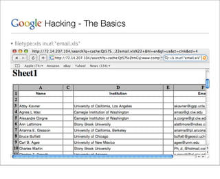 Hacking - The Basics

• ﬁletype:xls inurl:"email.xls"
 
