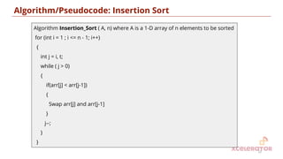 Algorithm/Pseudocode: Insertion Sort
12
Algorithm Insertion_Sort ( A, n) where A is a 1-D array of n elements to be sorted
for (int i = 1 ; i <= n - 1; i++)
{
int j = i, t;
while ( j > 0)
{
if(arr[j] < arr[j-1])
{
Swap arr[j] and arr[j-1]
}
j--;
}
}
 