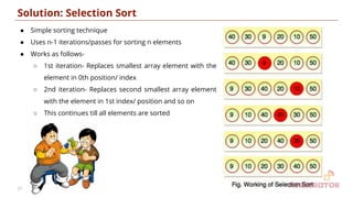 Solution: Selection Sort
● Simple sorting technique
● Uses n-1 iterations/passes for sorting n elements
● Works as follows-
○ 1st iteration- Replaces smallest array element with the
element in 0th position/ index
○ 2nd iteration- Replaces second smallest array element
with the element in 1st index/ position and so on
○ This continues till all elements are sorted
17
 