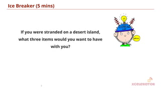 Ice Breaker (5 mins)
2
If you were stranded on a desert island,
what three items would you want to have
with you?
 