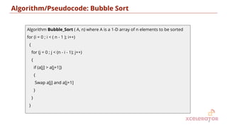 Algorithm/Pseudocode: Bubble Sort
8
Algorithm Bubble_Sort ( A, n) where A is a 1-D array of n elements to be sorted
for (i = 0 ; i < ( n - 1 ); i++)
{
for (j = 0 ; j < (n - i - 1); j++)
{
if (a[j] > a[j+1])
{
Swap a[j] and a[j+1]
}
}
}
 
