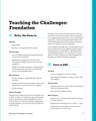 21Teaching the Challenges: Foundation
Teaching the Challenges:
Foundation
Hello, My Name Is	 	 	 	 	 	
The Goal
• Logo design
• Expansion into personal identity system
The True Goal
• Learn to organize disparate thematic elements
into a concise statement
• Separate the designer from the work, and
internalize the objectivity that comes with this
separation
• Design for change and growth: understanding
that a permanent mark does not necessarily
mean a unchangeable brand
When To Use It
• Younger designers, especially those right out
of school
• Designers transitioning into freelance after work-
ing in-house or spending time at an agency
• Career transition
Further Thoughts
Designers have difficulty with their own identities for a
number of reasons. In choosing a logo, participants
have to decide which skills to highlight and which
to let fall away. This can be traumatic, especially for
younger designers, who still want to Go and Be and
Do Everything.
This logo is for the artist one has become, and does
not limit the artist that one will be. Remind everyone
that designers grow and mature, and just like people,
some of our more enduring brands (from IBM to the
United States Postal Service) have also evolved their
colors, font selections, and iconography.
If your students are really stuck, limit the logo to a par-
ticular aspect of their work. While having four logos—
showing wizardry in After Effects, advertising, Maya,
and wedding invitations—isn’t practical in the real
world, this initial constraint can help to organize the
thoughts of a frantic Renaissance designer.
Easy as ABC	 	 	 	 	 	
The Goal
• Create a typeface out of found objects
• Add additional symbols or create a poster using
the typeface
The True Goal
• Separate letters from each other and understand
them as stand-alone forms
• Document the creative process
When To Use It
• Designers who are overly attached to a comput-
er-driven process
• Designers who feel they are not “crafty” or “artsy”
• Anyone who loves to argue over which font is
worse, Papyrus or Comic Sans
 